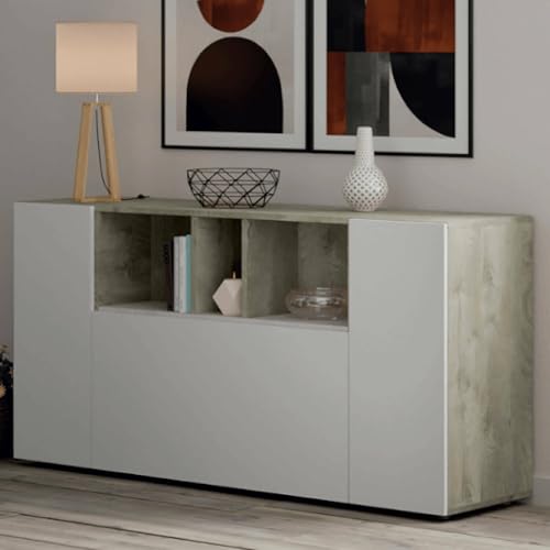 Dmora - Credenza Paterson, Madia da salotto, Buffet da soggiorno con scomparti, Mobile Porta TV, Armadio moderno a 3 ante, 150x41h76 cm, Bianco e Rovere