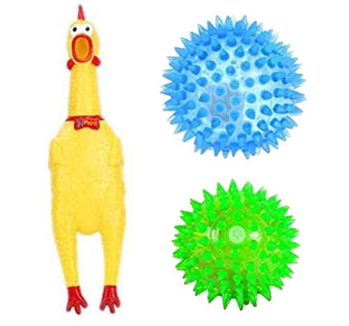 Image of Dog Cat Toy Chicken Sound Rubber Screaming Chicken Squeaker Chew Toy and LED Light Bouncy Balls Combo Pack(1 Medium Chicken Toy + 2 LED Bouncy Balls) (Combo-K)