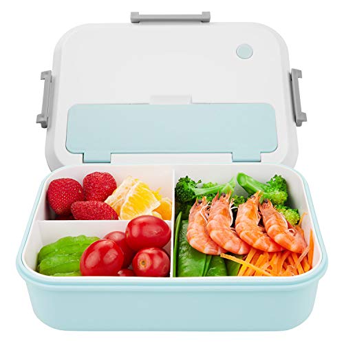 Thousanday Fiambreras para Niños | Lunch Box Azul 2 Cubiertos de Regalo | Fiambrera Bento con 3 Compartimentos Estancos 1400 ml | Microondas y Lavavajillas | Bento Box Adultos o Niños(Azul)