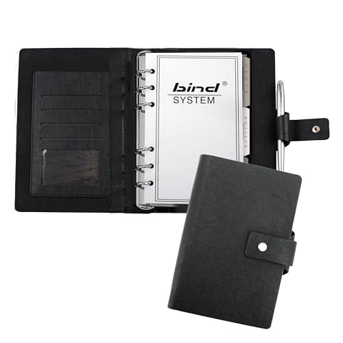 bind 16801 - Terminplaner mit Ringmechanik DIN A6, Organizer aus Lederimitat, Systemplaner in schwarz, Kalender mit 3 Visitenkartenfächern, Stiftschlaufe, Terminkalender mit System 1 Woche / 2 Seiten