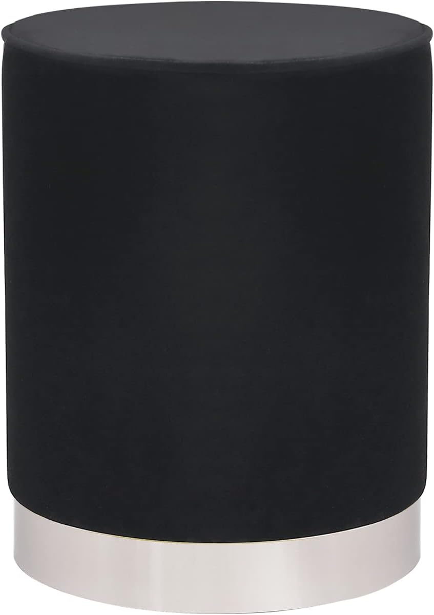 Adeco Round Upholstered Velvet Ottoman with Silver Metal Base, Makeup Vanity Chair Soft Compact Padded Foot Rest Stool for Living Room Bedroom, Black