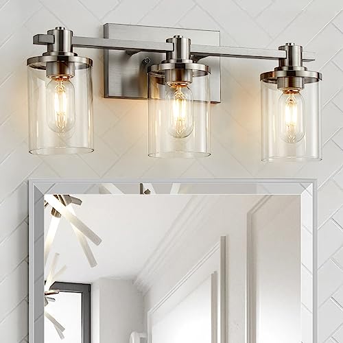 3 Light Bathroom Vanity Light, Brushed Nickel Bathroom Light Fixtures with Clear Glass Shade, Matte Black Finish, Brushed Nickel Copper Accent Socket, Modern Vanity Lights for Bathroom Over Mirror 3 Light Bathroom Vanity Light, Brushed Nickel Bathroom Light Fixtures with Clear Glass Shade, Matte Black Finish, Brushed Nickel Copper Accent Socket, Modern Vanity Lights for Bathroom Over Mirror
