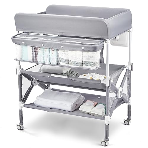 Portable Baby Changing Table, Babevy Foldable Diaper Change Table with Wheels, Adjustable Height, Cleaning Bucket, Changing Station for Infant Mobile Nursery Organizer for Newborn, Grey