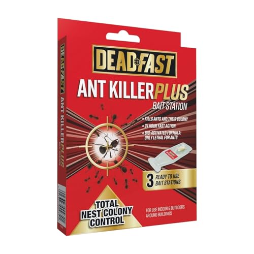 Deadfast Ant Killer Plus Bait Station - Fast-Acting 24-Hour Ant Control Indoor & Outdoor Use - Effective Colony Elimination Gel Bait 3 Pack (4g Each)