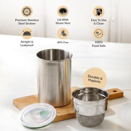 Image of Nestasia Hung Curd Maker Stainless Steel (1000 ml) - 100% Food-Safe Homemade Greek Yogurt Maker | BPA-Free Food Strainer with Airtight Steam-Vent Lid Storage Container