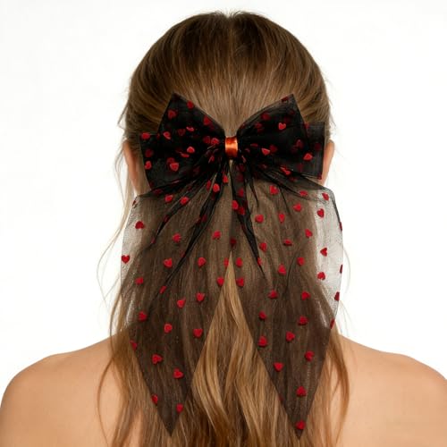 Pinza para el cabello con Lazo de Corazón Rojo y Encaje Negro para mujer, accesorios para el cabello para bodas y fiestas miniatura 2