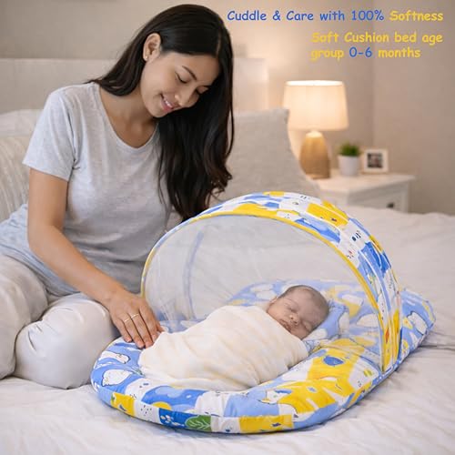 Image of Fareto Combo of Baby Bed with Net | Carry Bag | 4 Pcs Bedding Set (0-6 Months, Baby Size, Cotton) (Blue Fox)
