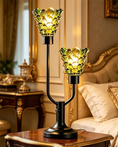 Image of Lightdot Green Glass Table Lamp for Living Room Dimmable Vintage Lamp Gift | Mid Century Modern Desk Lamp Black Nightstand Lamp 2 Bulbs Included Warmwhite Ambient Bedside Lamp for Bedroom Home Decor
