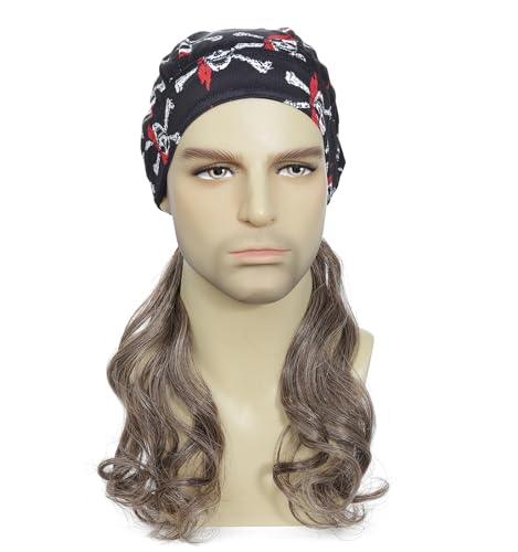 Image of Men's Pirate Wig with Integrated Bandana, Long Curly Synthetic Wig, Skull Print Bandana Pirate Costume Wig for Halloween, Cosplay and 80s Theme Party (Light Brown)
