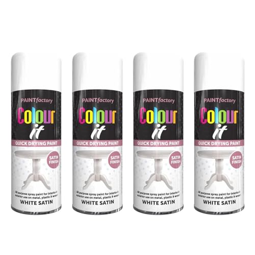 Spray Paint White Satin Finish 400ml - 4 Pack Quick Dry Aerosol Can All Purpose for Wood, Metal, Plastic, Interior & Exterior
