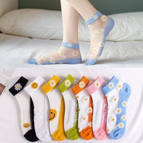 5 pairs of women's transparent flower embroidered breathable thin socks
