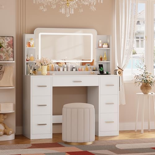 image for YESHOMY 43.3''Vanity Desk with LED Mirror & Power Outlet, 7 Drawer Mak