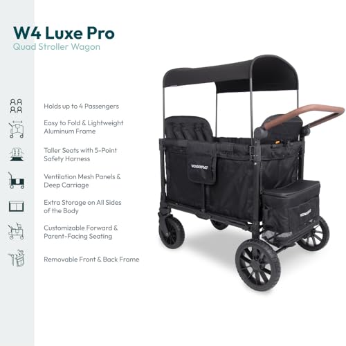 Image of WonderFold W4 Luxe Pro Stroller Wagon - Collapsible Stroller Wagon with Aluminum Frame - Adjustable Canopy & Push Handle - XL All-Terrain Wheels - For Babies, Toddlers & Kids - 4 Seater - Black