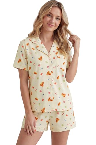 Image of LUBOT 100% Cotton Pajamas for Women 2 Piece PJ Set Button-Down Soft Knit Short Sleeve Summer Sleepwear Loungewear XS-XXL