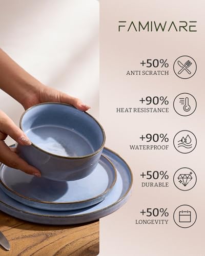 Image of Famiware Annecy Plates and Bowls Sets, 12 Pieces Dinnerware Sets, Microwave and Dishwasher Safe Dishes Set for 4, Chip and Scratch Resistant, Reactive Blue