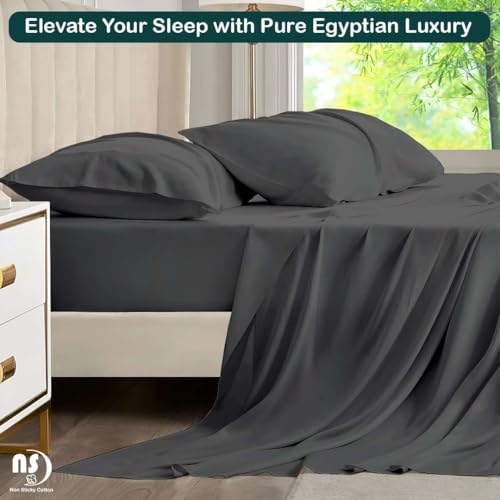 Image of NON Sticky cotton Premium 4 Piece Egyptian Cotton Fitted Queen Sheet Set, Hotel Quality Soft Breathable Bedding Sheets, 18 inch Deep Pocket, 60 inch X 80 inch, Dark Grey Solid