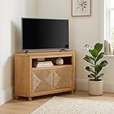 Martin Svensson Home Woven Quarter Oak and Seagrass Corner TV Stand 49.5” Wide Wood TV Console with Cabinet Storage | Natural Light Oak