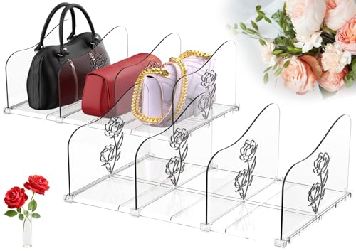 2-Pack Rose Handbag Storage Organizer, Adjustable Wardrobe Shelf Divider, Clear Purse Organizer for Closet, Plastic Bookshelf Separator for Bedroom Office Home, Great Gift for Mom Wife Friends