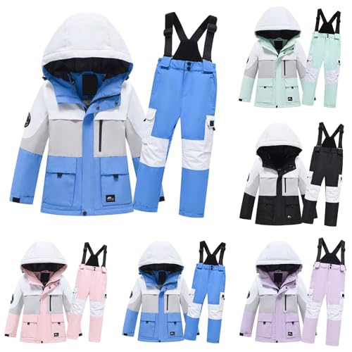 Boys Girls 2 Piece Snowsuit Ski Jacket Snow Bib Ski Pants Overalls Kids Windproof Thick Hooded Snow Coat