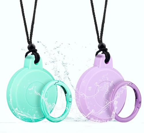 Soporte Impermeable para Airtag con Collar, Llavero y Funda Protectora Completa   Rastreador GPS Oculto para Niños, Ancianos, Mascotas y Ropa. (Juego de Dos Verde y Morado)