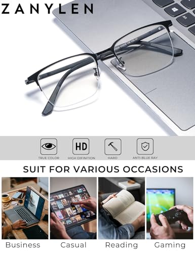 Image of ZanyLen Blue Light Blocking Glasses Men Computer Gaming Glasses Rectangle Metal Semi-rimless Frame