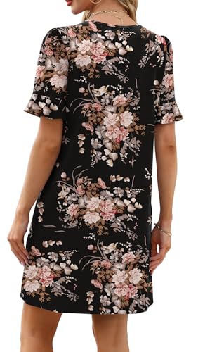 Image of OFEEFAN Summer Dresses for Women Ruffle Short Sleeve V Neck Casual Shift Dress with Pockets