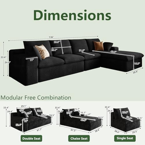 Image of 136 inch Cloud Couch Modular Sectional Sofa for Living Room, L-Shape Boneless Couch with Deep Seat, Modern Corduroy 4-Seater, No Assembly Required (Black,Right-Facing Chaise)