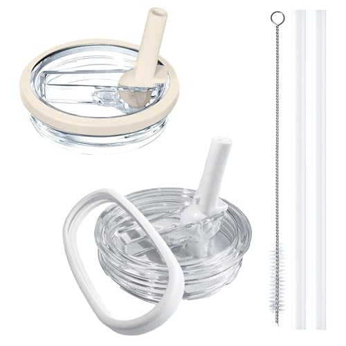 Image of 2 Pack 40 oz Stanley Lid Replacement, with Leak Proof and Flip Straw Lid, Stanley Cup Accessories, for Stanley Quencher H2.0 40 oz Tumbler (Only), BPA Free (Beige and White Set)