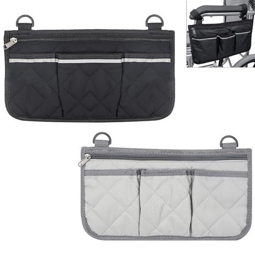 2 Stück Rollstuhltasche Seite Rollstuhl Tasche Armlehnentasche mit 4 Taschen und reflektierendem Streifen Rollstuhl Zubehör Rollator Tasche für die meisten Rollstühle Gehhilfen