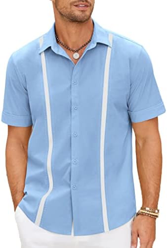 COOFANDY Guayabera Shirts for Men Short Sleeve Button Down Shirts Vacation Beach Wear Light Blue
