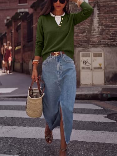 Image of ANRABESS Sweaters for Women 2026 Fall Long Sleeve Lightweight Pullover Tops | 2 in 1 Faux Layer Crew Neck, Cozy Soft Skin Friendly Button Sweater Tops, Business Casual Office Daily Knit Outfit for Winter
