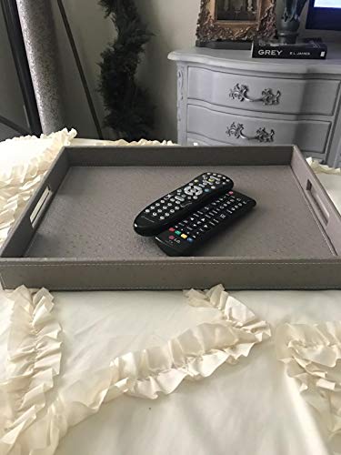 HofferRuffer Ostrich Faux Leather Rectangular Decorative Serving Tray with Handles for Coffee Table, Breakfast, Tea, Food, Butler, Grey Ostrich PU Leather, 17.7 x 13.8 x 2 inches