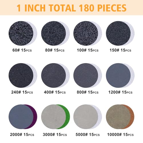 image for POLIWELL 191 PCS 1 Inch Sanding Discs Hook and Loop 60 to 10000 Wet Dr