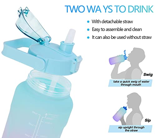 Image of 2 Liters Sports Water Bottles,Portable Wide Mouth Bottle Leakproof Plastic Space Cup Travel Mugs with Straw for Outdoor Sports (Gradient Blue)