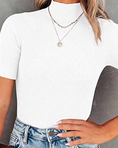 Image of Lacozy Women Casual Short Sleeve Shirt Basic Mock Neck Top Slim Fit Ribbed Knit Pullover Sweater