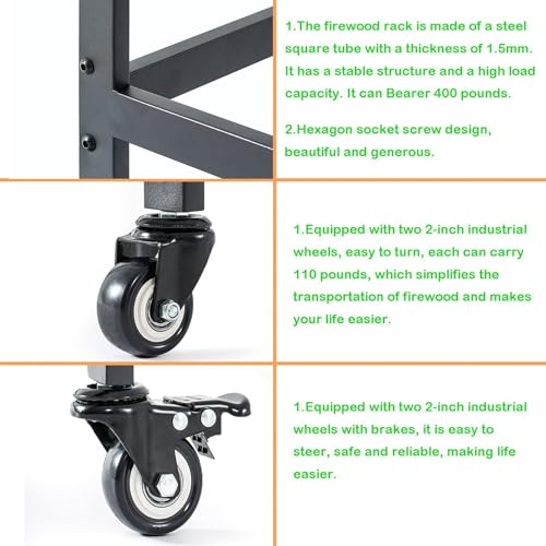 Portale di legna da ardere con ruote bloccabili, organizzatore di stoccaggio in legno resistente per camino, supporto per tronchi da esterno portatile, carrello d'acciaio resistente alla ruggine del m