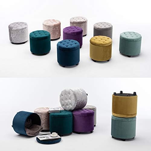 HNNHOME 45cm Round New Velvet Padded Seat Ottoman Storage Stool Box, Footstool Pouffes Chair with Lids (Grey, Velvet)
