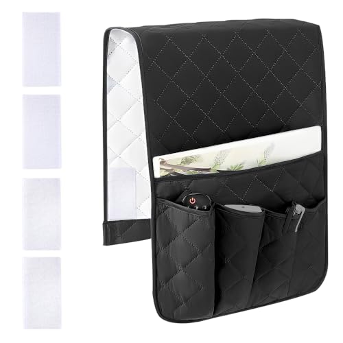 RETON Sofa Armrest Organizer with 5 Pockets, Non Slip Sofa Remote Control Holder Armchair Caddy with 4 Pair of Hook and Loop Fasteners, Arm Chair Organisers for Magazine Book Remote Control (Black)