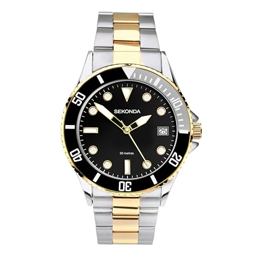 Sekonda Wave Mens Watch – 39mm Sports Watch for Men with Black Dial, Rotating Bezel, Two-Tone Stainless Steel Bracelet and Date Window – 50m Water Resistant – 2 Year Warranty