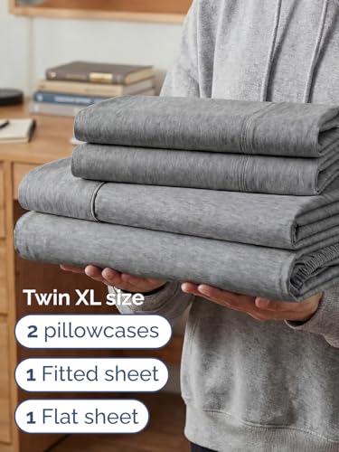Image of Extra Deep Twin XL Sheet Set - 4 Piece Cooling Bed Sheets - Heathered Grey | Hotel Luxury Bed Sheets Set, Easy & Secure Fit, Ultra-Soft, Wrinkle & Fade Free, Comfy Sheets Set with Extra Deep Pockets