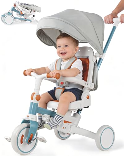7-in-1 Tricycle for Toddlers 1-3 Years, Foldable Baby Trike Stroller with Steering Push Handle, Gift for Boys Girls 12 Months to 6 Years- Blue