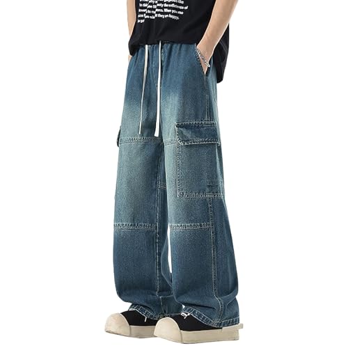 Mens Streetwear Baggy Cargo Jeans Drawstring Waist Loose Fit Hip Hop Jeans Vintage Loose Denim Pants Joggers
