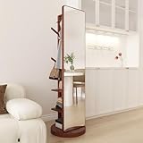 OCKYOOZ Full Length Mirror with Coat Rack, Coat Tree with Shelf, Wood Rotatable Coat Hanger Freestanding, Clothes Hanger Rack, Hat and Coat Hanger Stand for Home and Office (Walnut Color)