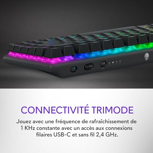 Alienware Pro Clavier Gaming sans fil sans pavé numérique, touches mécaniques hotswap, PBT durables, rétroéclairage AlienFX RVB 16,8 M couleurs, triple connectivité, QWERTY, Dark Side of the Moon