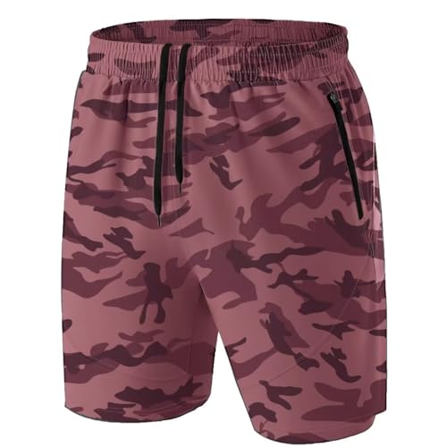 HMIYA Herren Sport Shorts Kurze Hose Schnell Trocknend Sporthose Leicht mit Reißverschlusstasche(Camo Rosa,EU-2XL/US-XL)