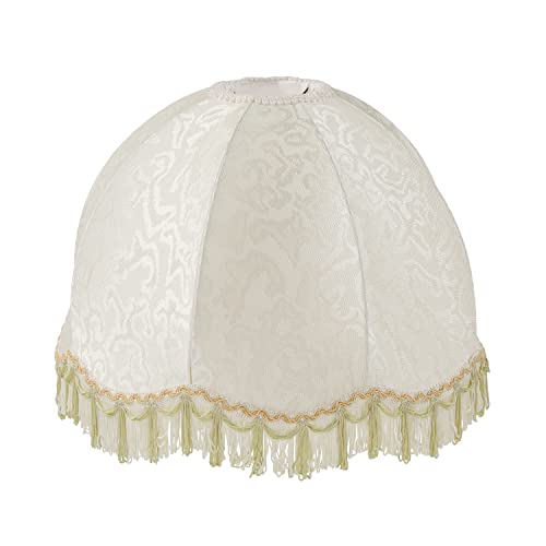 Aspen Creative 34502, Handsewn Off-White Spider Lamp Shade, Jacquard Textured Fabric with Fringe, 4" Top x 13" Bottom x 10" Slant Height