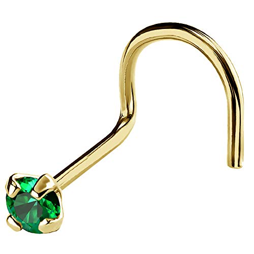 20G Solid 14Kt Gold Nose Screw Stud with Prong Set real Emerald Gemstone, 14kt Yellow Gold or 14kt White Gold - May Birthstone Nose Ring-YG_ED-2MM