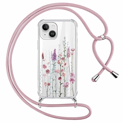 Yoedge Cover con Cordino per iPhone 14/iPhone 13 6,1', Custodia Trasparente con Aesthetic Disegni Floreale 3, Morbido TPU Silicone + PC Antiurto Protettiva Case con Collana Tracolla Laccio Collo