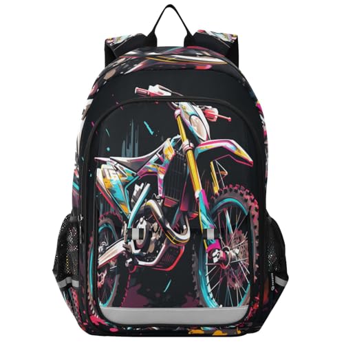 Motocross Neon Cartoon Backpack for Boys Girls Kids School Bag Lightweight Laptop Backpack Elementary Capacity Bookbags for Travel Daypack with Reflective Stripes