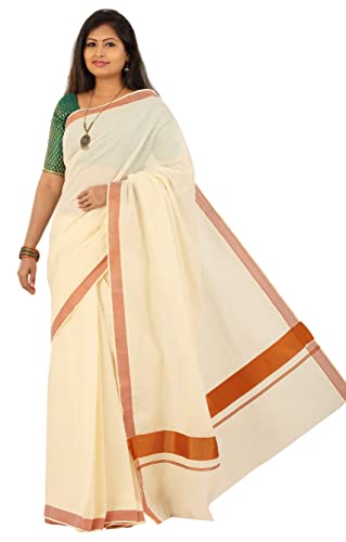 Image of Women's Kerala Traditional Cotton Kasavu Saree with Running Blouse | Sari for Weddings, Festivals, Temple Visits, Onam Vishu & Regular Wear